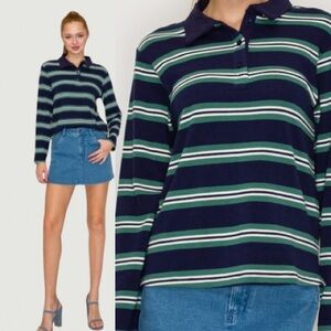New Long Sleeve Stripe Rugby Polo Jersey Knit Relaxed Fit Sporty Chic Shirt